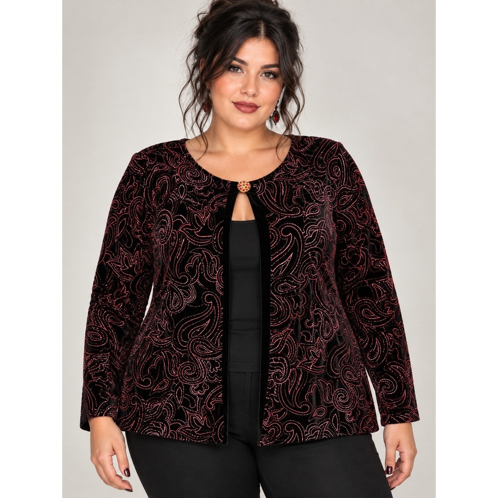 Whimsigoth Holiday Party Black Velvet Red Shimmer Paisley Cardigan Top Plus 1X